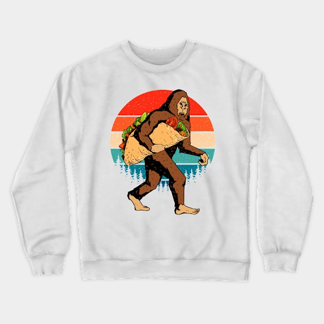 Bigfoot Carrying A Taco Retro Sunset Crewneck Sweatshirt by Tesszero